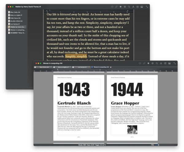 Two screen shots of the word processor, Bean. The first is a paragraph of text with the sentence "Simplify, simplify." highlighted. The second has two pages laid out side-by-side with very simple layouts and no clutter on the user interface.