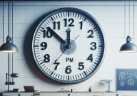a large clock hangs on a wall in a classroom