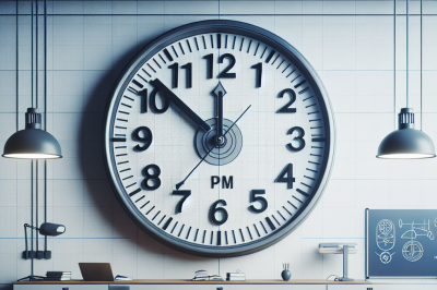 a large clock hangs on a wall in a classroom