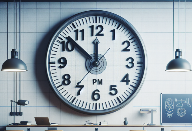 a large clock hangs on a wall in a classroom