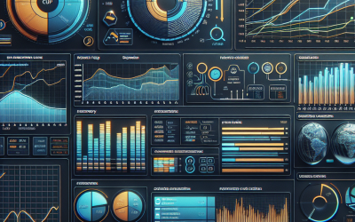 an AI generated dashboard shows charts and graphs of blue and orange against a dark gray background