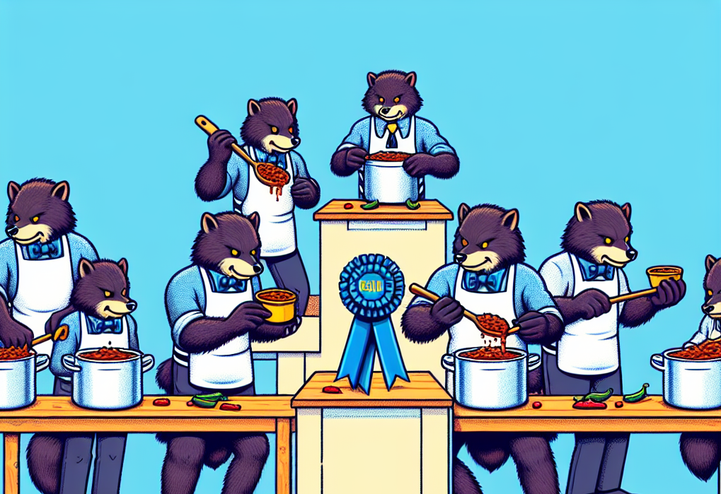 cartoon wolverines stand around a podium with their chili pots. they are wearing white aprons