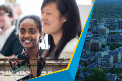 Composite image. On the left there's an in-focus dark-skinned female-presenting person, a blurred white male-presenting individual behind her, a female-presenting person of Asian heritage blurred in the foreground, and the rear view of a Black individual. On the right, a blue-tinted image of the UM-Ann Arbor campus.