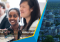 Composite image. On the left there's an in-focus dark-skinned female-presenting person, a blurred white male-presenting individual behind her, a female-presenting person of Asian heritage blurred in the foreground, and the rear view of a Black individual. On the right, a blue-tinted image of the UM-Ann Arbor campus.