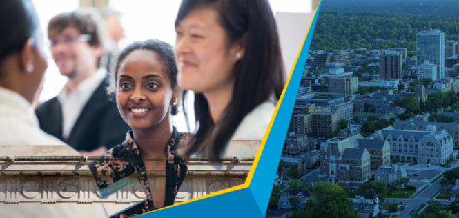 Composite image. On the left there's an in-focus dark-skinned female-presenting person, a blurred white male-presenting individual behind her, a female-presenting person of Asian heritage blurred in the foreground, and the rear view of a Black individual. On the right, a blue-tinted image of the UM-Ann Arbor campus.