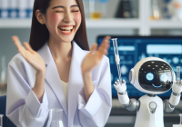 a female presenting researcher claps at a small robot that is helping in a lab