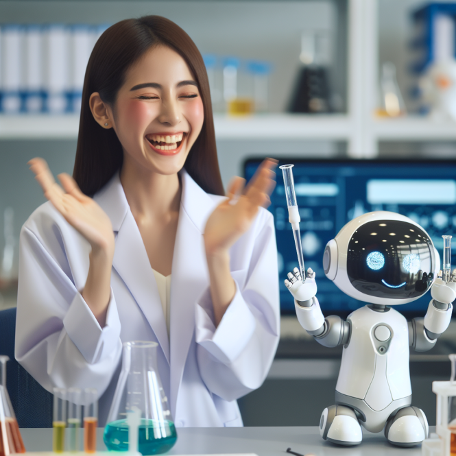a female presenting researcher claps at a small robot that is helping in a lab