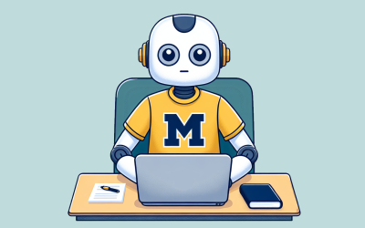 a cartoon robot sits at a desk with a laptop in front of them