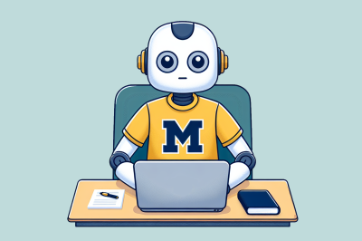 a cartoon robot sits at a desk with a laptop in front of them