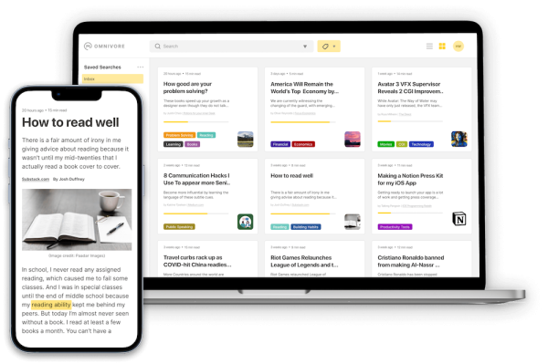 An open laptop in the background displays the Omnivore home page. In the foreground and to the right is a smart phone open to an annotated Omnivore article on how to read well.