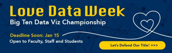 The Love Data Week Big Ten Data Viz Championship is open to faculty, staff, and students. The deadline to submit a data viz is January 15.