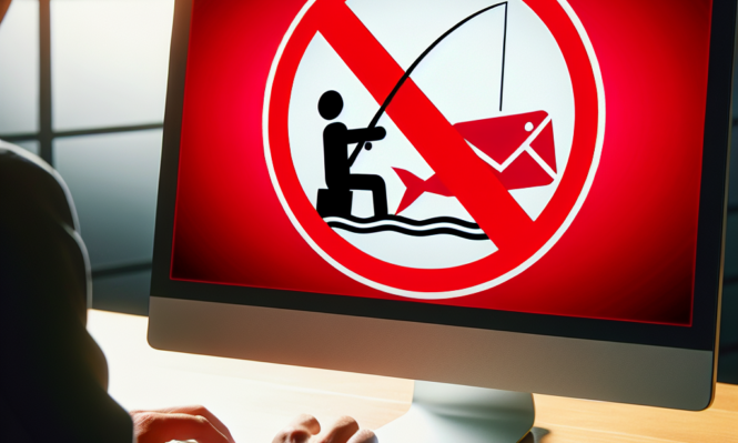 a computer screen with a human fishing and they've caught an envelope with a fish's tail and there is a red circle with a line through it covering the image