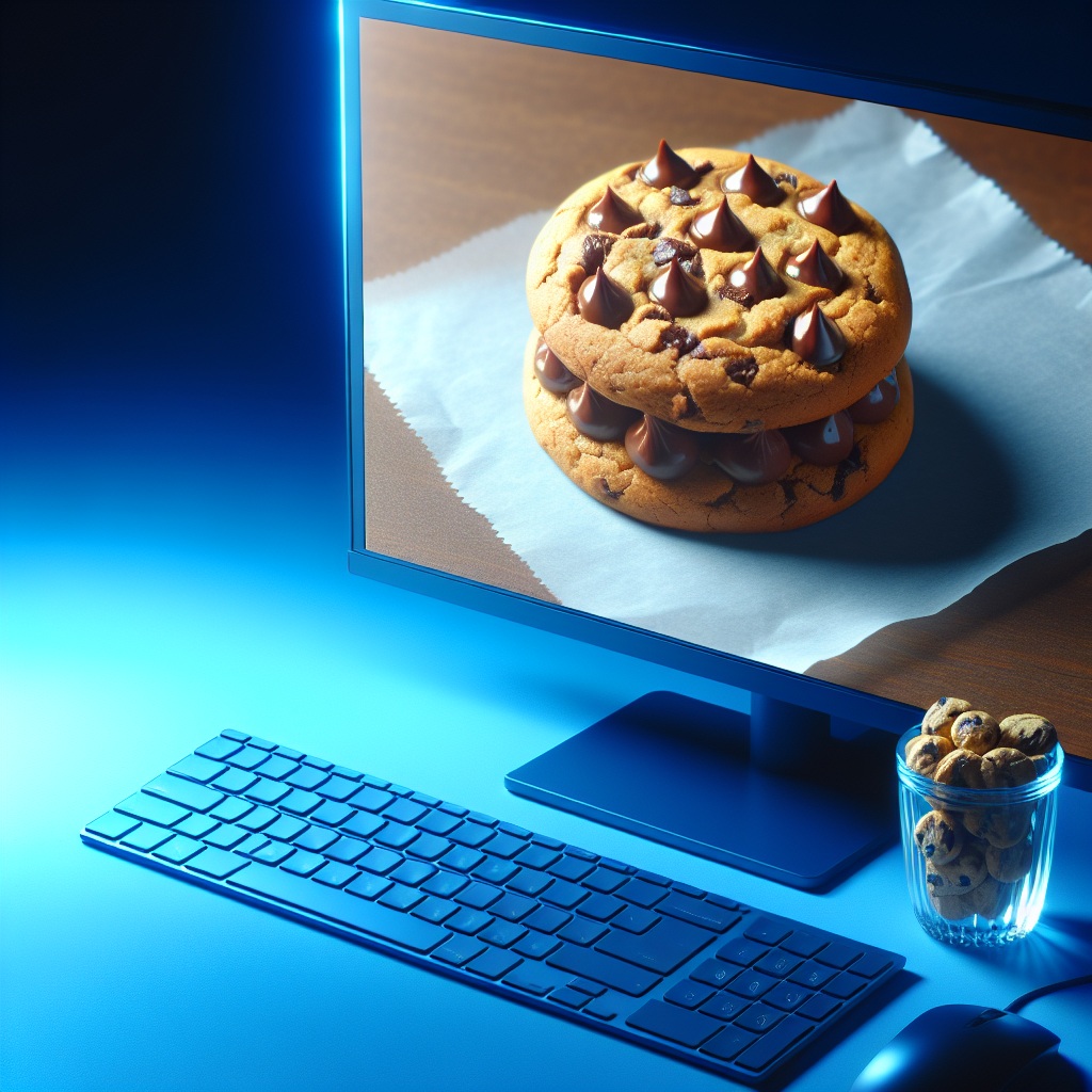 A computer screen displaying two chocolate chip cookies stacked on top of each other with a small clear jar of mini chocolate chip cookies on the desk.