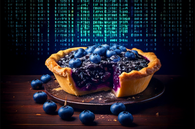 A blueberry pie in the foreground with matrix-like numbers in the background.