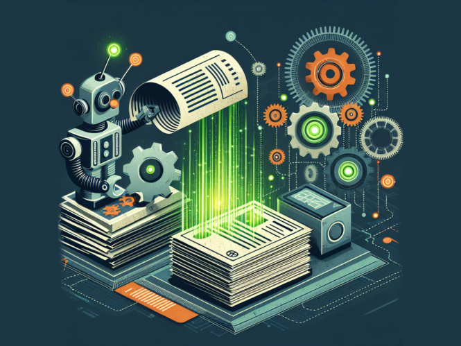 a navy background with a robot processing invoices with green light coming out of a stack of papers