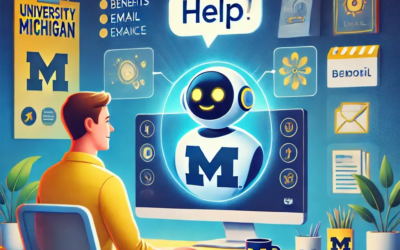 A young man, seated at a desk, is looking at a computer screen. The screen displays a friendly-looking, stylized robot superimposed on a University of Michigan logo. Circular, glowing indicators around the robot display various icons related to communication (email, benefits) as well as other services.
