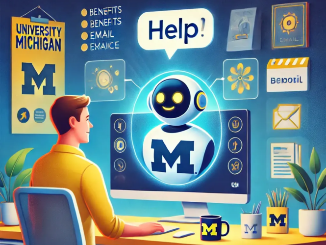 A young man, seated at a desk, is looking at a computer screen. The screen displays a friendly-looking, stylized robot superimposed on a University of Michigan logo. Circular, glowing indicators around the robot display various icons related to communication (email, benefits) as well as other services.
