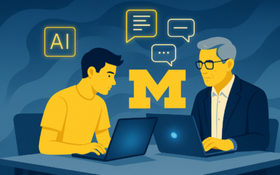 The illustration features two individuals seated at a table, each working on a laptop. The scene is set against a blue backdrop with a prominent yellow University of Michigan "M" logo in the center. Above the logo, there are stylized speech bubbles and an "AI" icon, suggesting a dialogue or exchange related to artificial intelligence. The individuals are depicted in yellow tones, focusing intently on their devices. The setting conveys a sense of collaboration and academic engagement in an AI context.