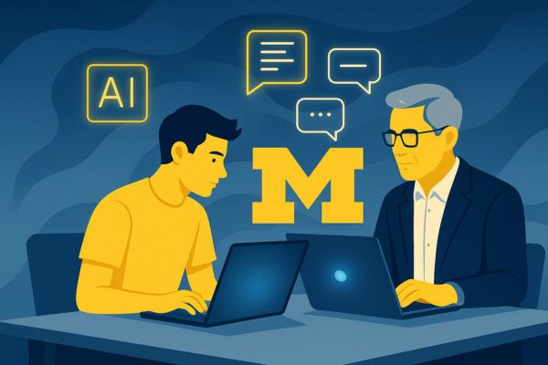 The illustration features two individuals seated at a table, each working on a laptop. The scene is set against a blue backdrop with a prominent yellow University of Michigan "M" logo in the center. Above the logo, there are stylized speech bubbles and an "AI" icon, suggesting a dialogue or exchange related to artificial intelligence. The individuals are depicted in yellow tones, focusing intently on their devices. The setting conveys a sense of collaboration and academic engagement in an AI context.