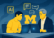 The illustration features two individuals seated at a table, each working on a laptop. The scene is set against a blue backdrop with a prominent yellow University of Michigan "M" logo in the center. Above the logo, there are stylized speech bubbles and an "AI" icon, suggesting a dialogue or exchange related to artificial intelligence. The individuals are depicted in yellow tones, focusing intently on their devices. The setting conveys a sense of collaboration and academic engagement in an AI context.