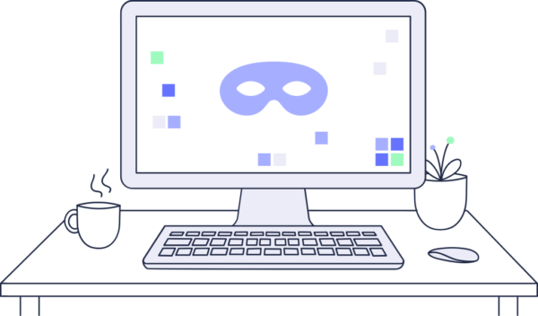 A purple eye mask on a white desktop computer screen.