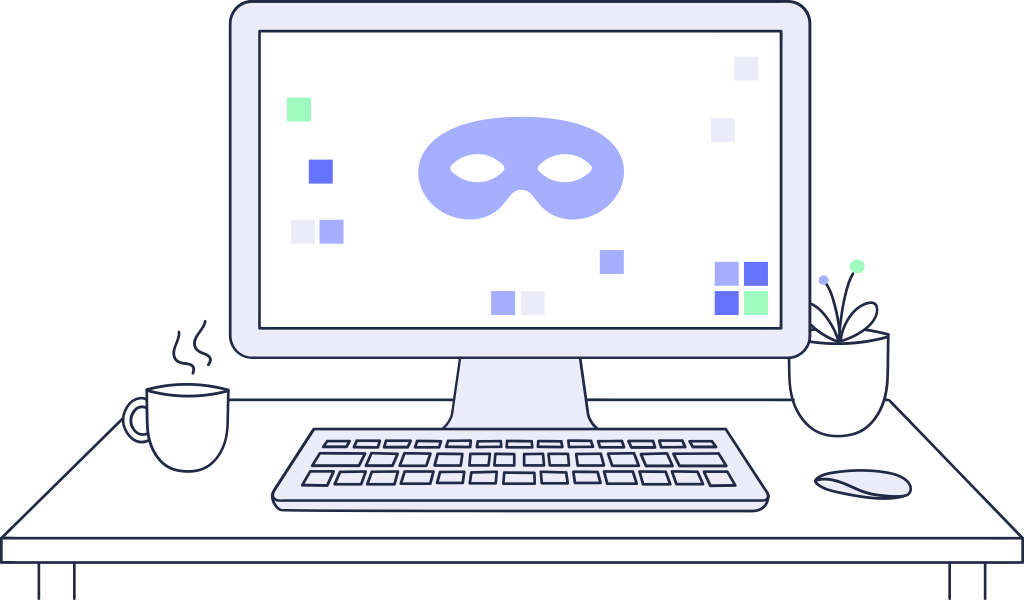 A purple eye mask on a white desktop computer screen.