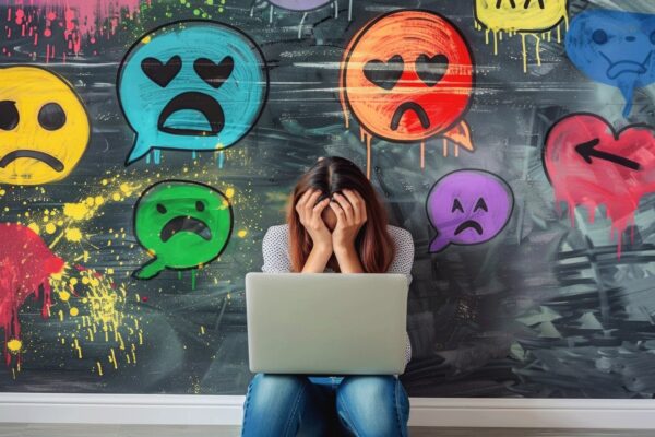 A woman sits in front of a laptop with her head in her hands, surrounded by graffiti-style sad and distressed emoji faces on a chalkboard-like wall.