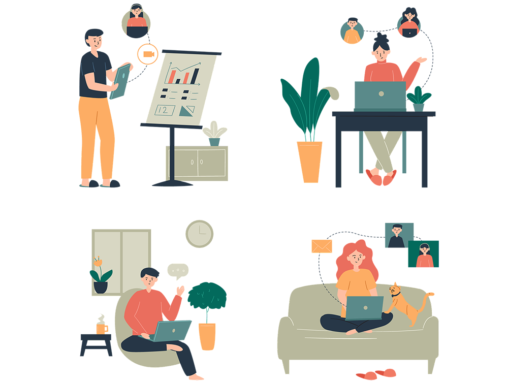 A series of illustrations depicting people connecting with each other through technology.