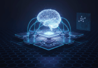 A glowing, networked brain connects to a central processing unit surrounded by circuit boards, all within a futuristic, dark blue environment.