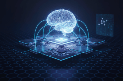 A glowing, networked brain connects to a central processing unit surrounded by circuit boards, all within a futuristic, dark blue environment.