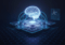 A glowing, networked brain connects to a central processing unit surrounded by circuit boards, all within a futuristic, dark blue environment.
