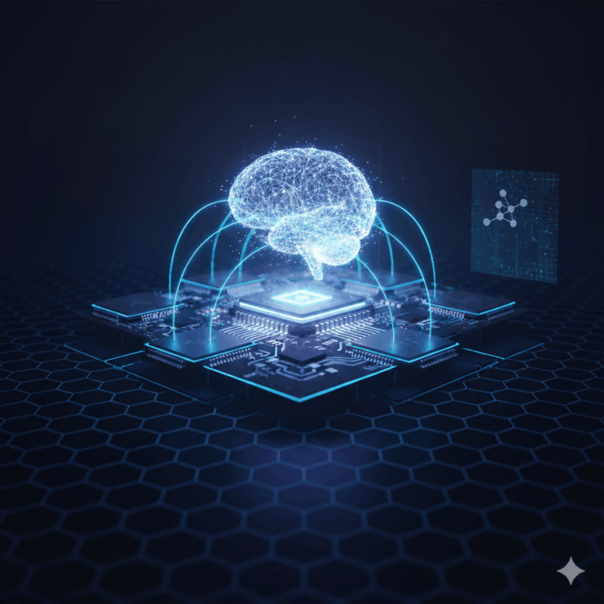 A glowing, networked brain connects to a central processing unit surrounded by circuit boards, all within a futuristic, dark blue environment.