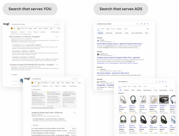 A side-by-side comparison of the Kagi and Google search engines. Kagi shows relevant search results such as documentation and discussion threads while Google shows sponsored links and ads.