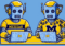 Two robots in yellow helmets and Michigan-themed shirts work at laptops with the University of Michigan logo on a blue and yellow background.