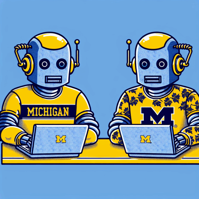 Two robots in yellow helmets and Michigan-themed shirts work at laptops with the University of Michigan logo on a blue and yellow background.