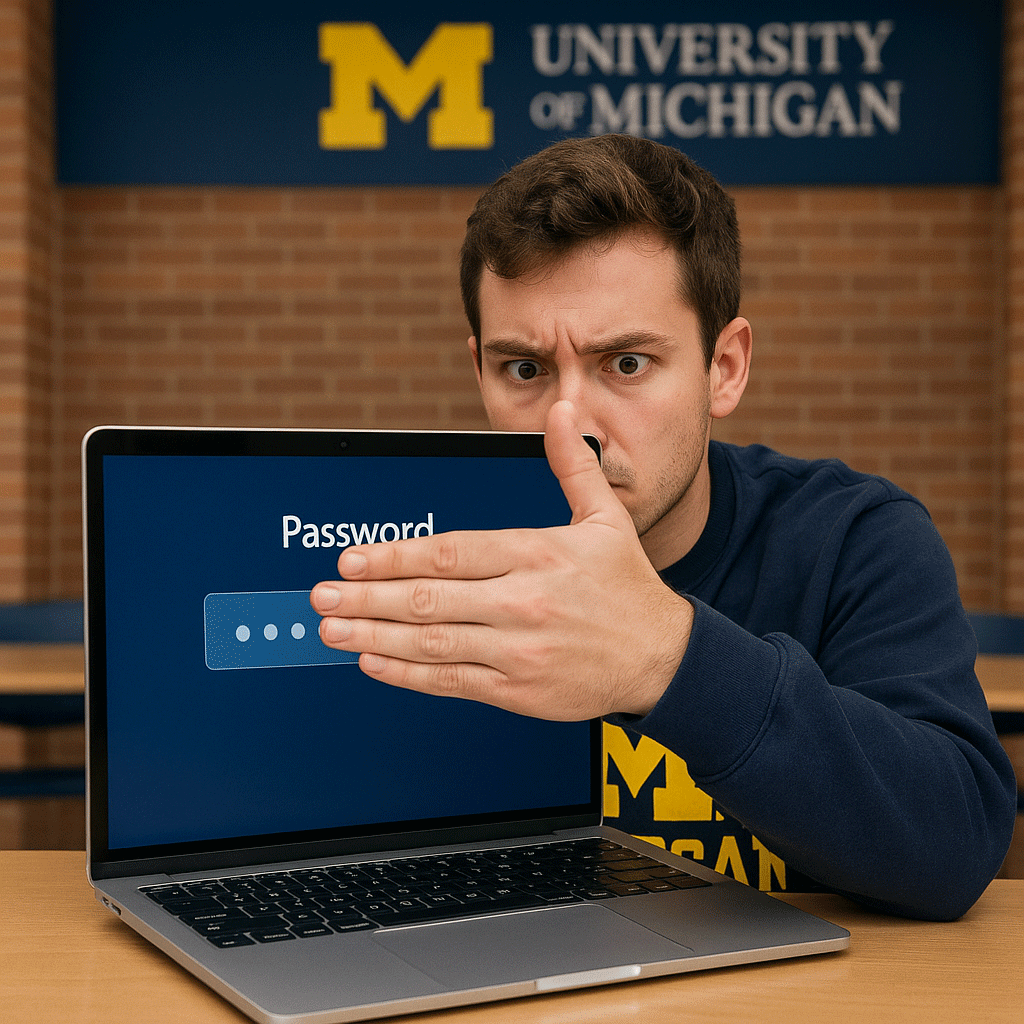 A U-M student looking concerned covers his password with his hand on his laptop.