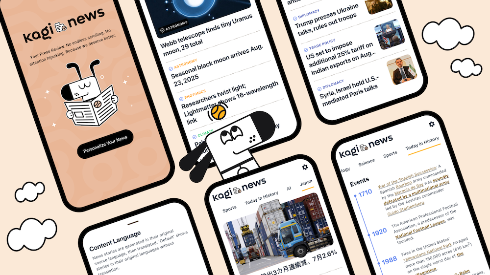 Several screen shots of different pages of the Kagi News app on a mobile phone