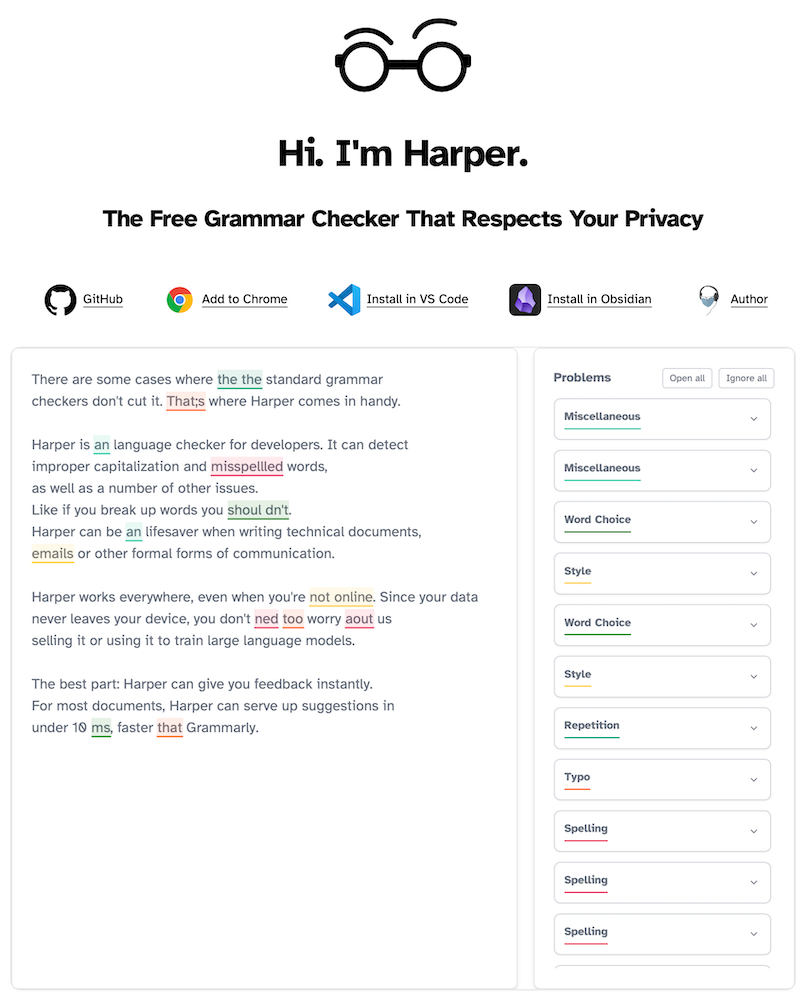 Harper: The free grammar checker that respects your privacy.