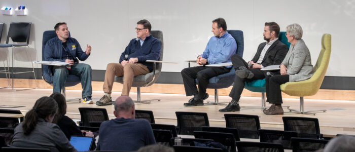 2025 MTech Connect-article-17 MTech Connect Leadership Panel. Seated from left to right: Kenny Moore, Ted Hanss, Dan Maletta, Scott Arnst, and Kerry Flynn.