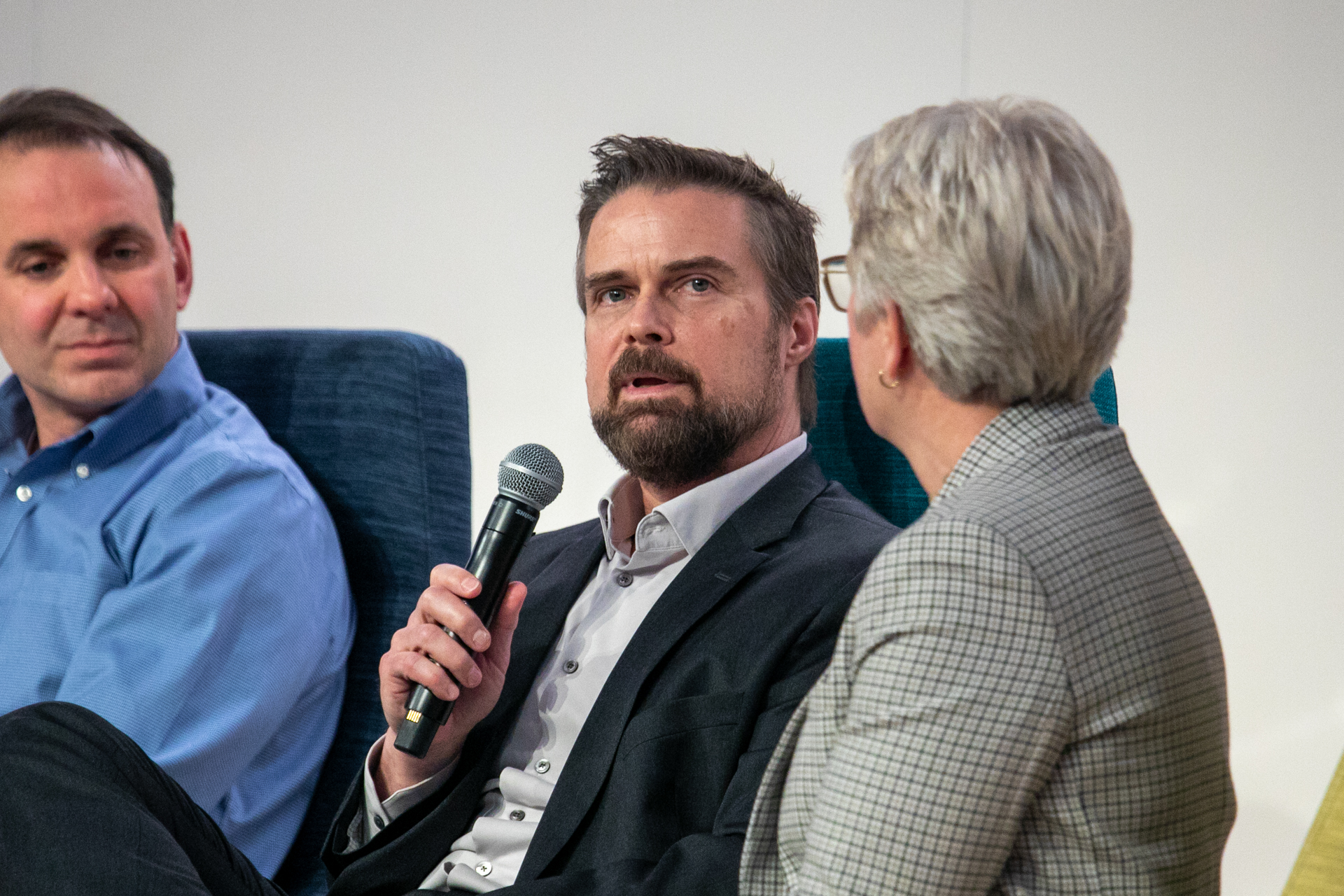Dan Maletta (left), Scott Arnst (center, speaking), and Kerry Flynn (right) at the MTech Connect Leadership Panel