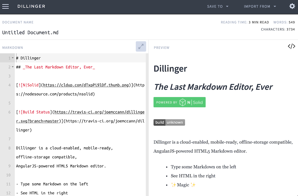 An open document page on Dillinger displaying a side-by-side view of text written in Markdown and the preview of what it will look like published.