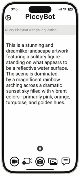 An animated gif of the PiccyBot app analyzing a photo and providing alt text.