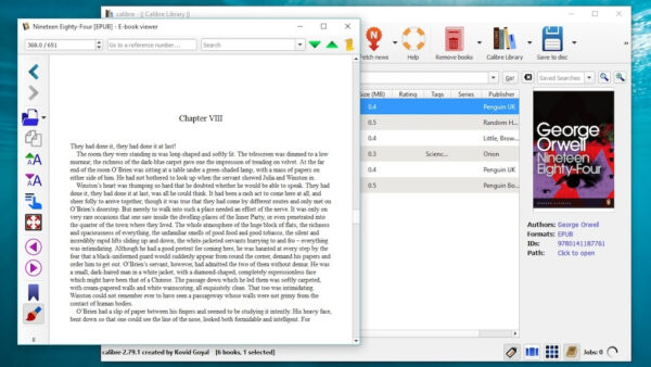 Calibre e-book viewer open to chapter 8 of George Orwell's 1984.
