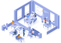 Graphic of a classroom full of people.