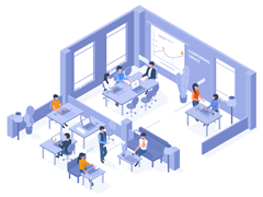 Graphic of a classroom full of people.
