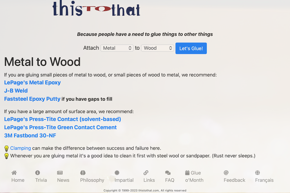Screenshot of the This to That website displaying recommended adhesives for gluing metal to wood.